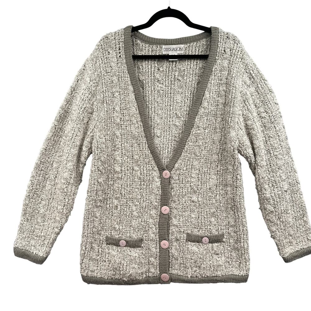 VTG Cardigan Sweater M Cable Knit Oversized Granny Chunky Cozy Acrylic 90s Gray